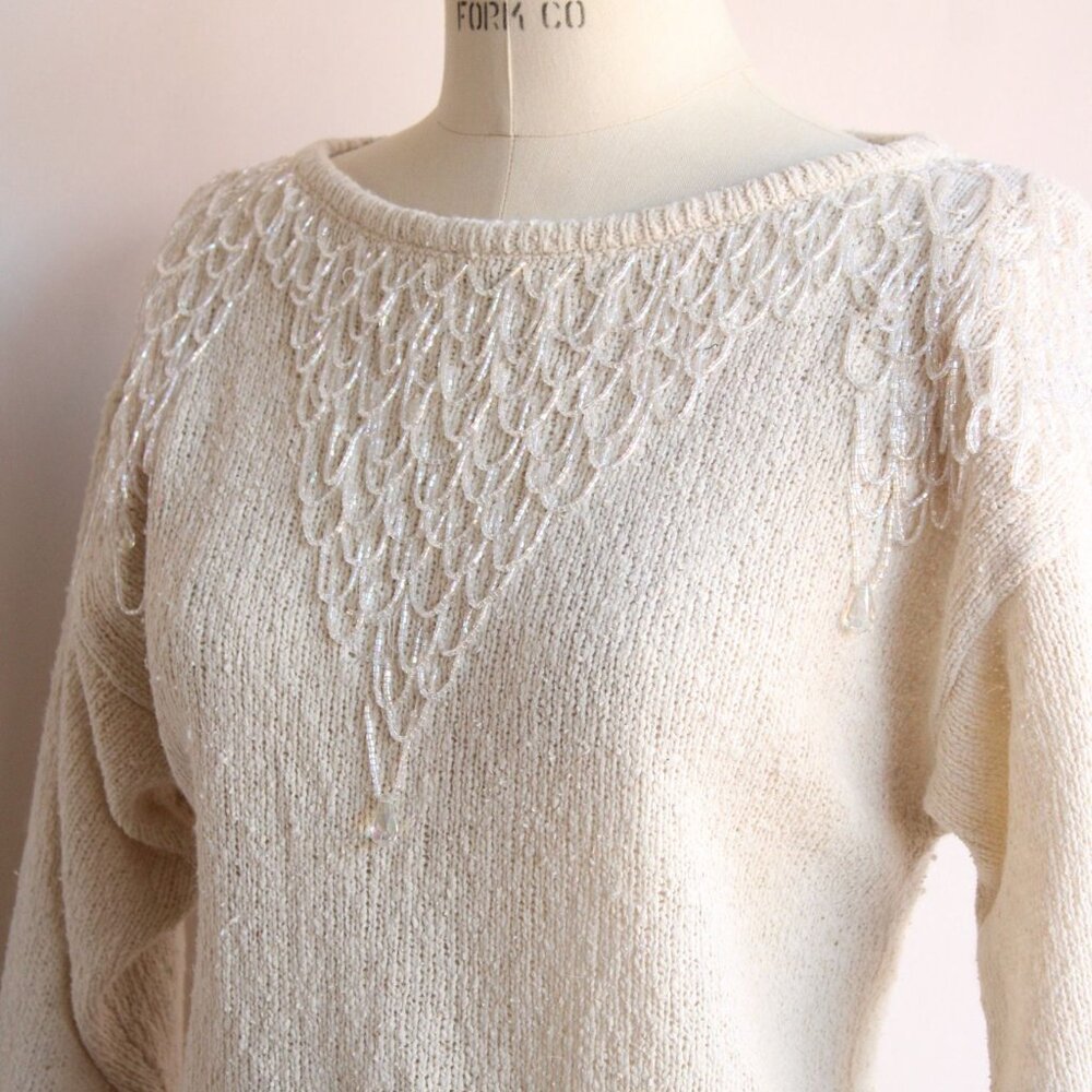 Vintage 1980s Sweater, Bonnie Boerer Ivory Pullover with Fringed Beading, - Picture 6 of 10